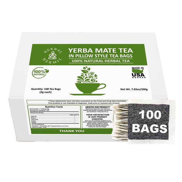 Herbal Hermit Yerba Mate Tea with 100 tea bags Natural Organic Yerba Matte Rich in Chlorophyll, Antioxidants and Vitamins, Made in USA