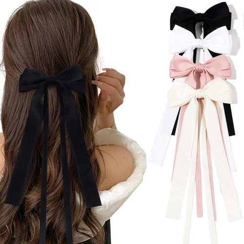 Eliongpu 4pcs Long Ribbon Bow Hair Clips for Girls Double Bowknots Tassel Hair Ribbon Hairclips Barrettes Kawaii Hair Pins Kids Cute Hair Bows Hair Accessories for Women Teen Girls(4colors)