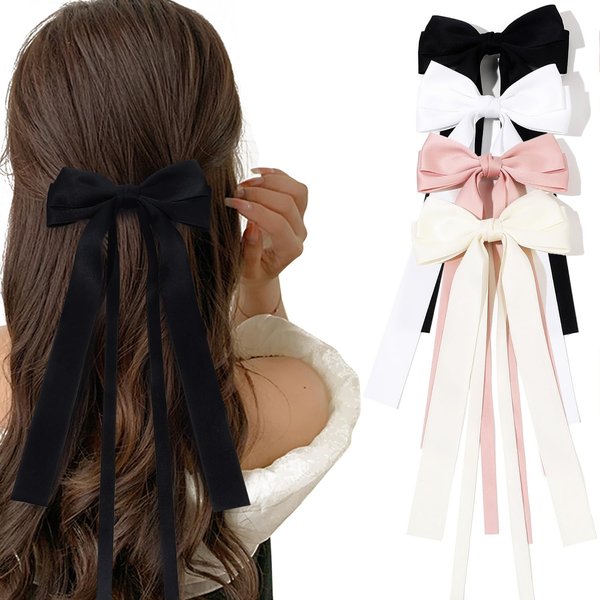 Eliongpu 4pcs Long Ribbon Bow Hair Clips for Girls Double Bowknots Tassel Hair Ribbon Hairclips Barrettes Kawaii Hair Pins Kids Cute Hair Bows Hair Accessories for Women Teen Girls(4colors)