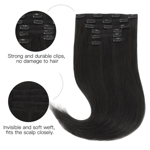 HOTBANANA Human Hair Clip in Hair Extensions, Natural Black 120g Clip in Hair Extensions Real Human Hair Straight Remy Hair Clip in Hair Extensions 24 Inch 7pcs