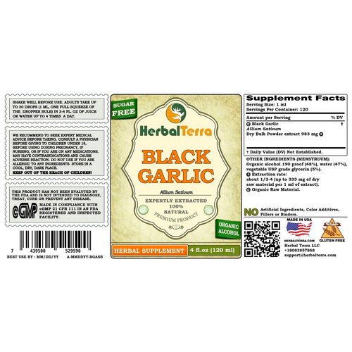 Herbal Terra LLC Black Garlic (Allium Sativum) Dried Bulb Powder Liquid Extract, Certified Organic 2x4 oz