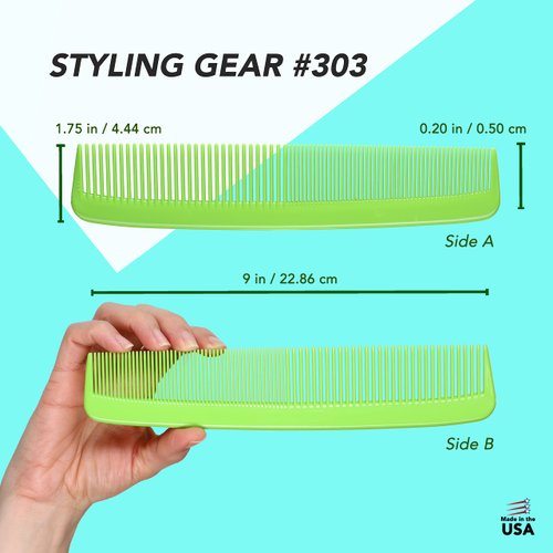 Styling Gear #303 Wide Tooth Comb Hair Detangling Comb Styling For Women, Men, Hair Stylists, Hair Comb, Wide Teeth Combs Fine Tooth Clipper Combs. 2 Piece (Light Green)