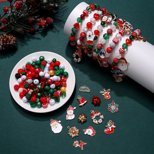 2400PCS+ Christmas Beads for Jewelry Making, Enamel Christmas Charms Bulk, Red Green Christmas Clay Rhinestone Crystal Acrylic Loose Beads Letter Spacer Beads for Bracelet Necklace Making DIY Crafts