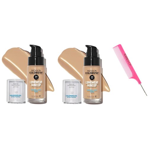 Sleekshop Comb + RevIon COLORSTAY Liquid Foundation (PACK OF 2) LONGWEAR MAKEUP w/ SPF, Color Stay NEWEST VERSION for 2023-2024 Face Make-Up Cosmetics, (w/ SLEEKSHOP Argan-Oil Infused PINK Rat Tail Steel Pin Comb) (NORMAL/DRY SKIN - 180 Sand Beige)