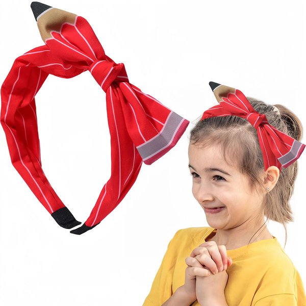 HAIMITI Back to School Headband Red Pencil Hair Accessories Striped Cute Bow Hair Bands Students Teachers Outfits Head Bands for Women Non Slip Top Knot School Opens Party Princess Decor 1pcs