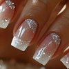 BABALAL Square Press on Nails Medium Fake Nails White Bling Glue ons Nails 24Pcs Squoval Shimmer Sparkly Acrylic Nails Gel Stick on Nails