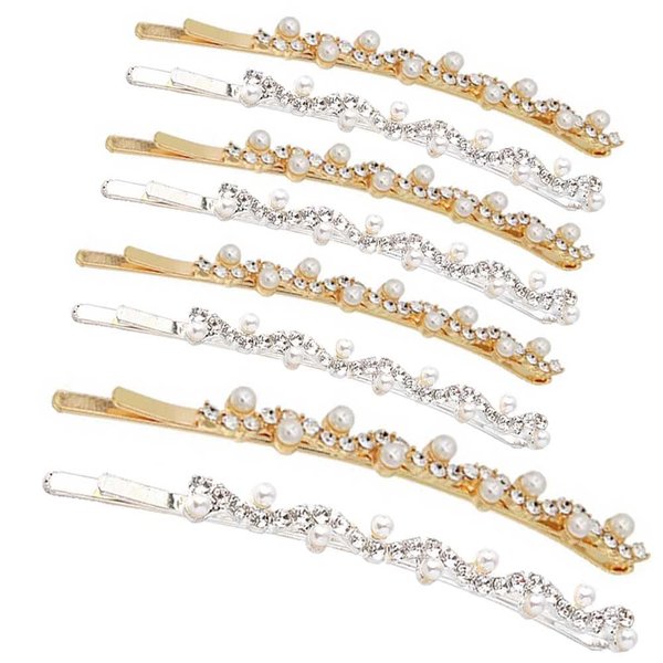WHITEBRIDGE 8pcs Rhinestone and Pearl Bobby Pins Metal Hair Clips Sparkling HairClip for Women Girls Gold and Silver Diamond Hair Pins