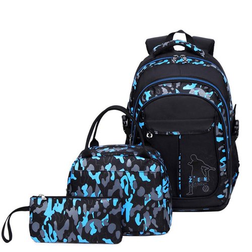 Blue Camo Boys Backpack and Lunchbox Set for Kids 3 Pieces, Camouflage Kids Backpacks with Matching Insulated Lunch Bag and Pencil Case