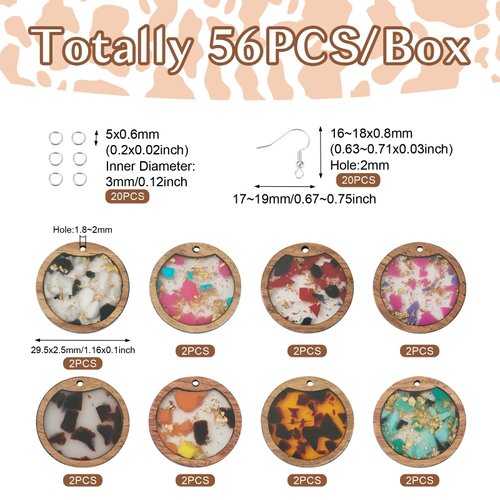 Boutigem 56Pcs Flat Round Wooden Charm Earring Kit with Walnut Wood Statement Pendants Earring Hooks Jump Rings for Earring Jewelry Making Decoration Crafts