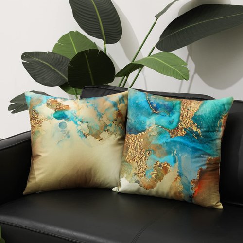 HOSTECCO Gold Abstract Pillow Covers Set of 4 Nordic Blue Pillow Cases Teal and Gold Modern Decorative Cushion Covers for Sofa Couch 18x18 inches
