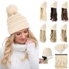 Qlenkay Beanie Hat with Long Wavy Curly Hair Extensions Knit Khaki Cap Attached 20inch Synthetic Wig Detachable Hairpiece Warm Pom for Women Winter Ash Blonde Mix Bleach Blonde
