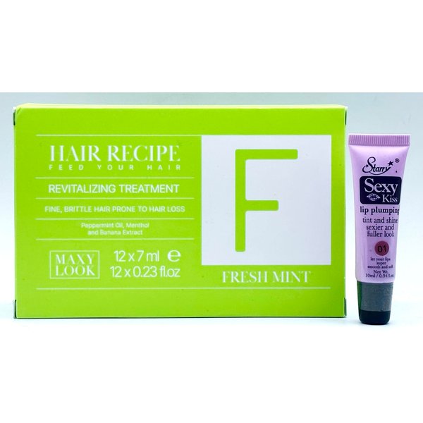 Maxy Look Hair Recipe Feed Your Hair Revitalizing Treatment Phials for Fine Brittle Hair (Fresh Mint) 12x7ml-Free Starry Lip Gloss