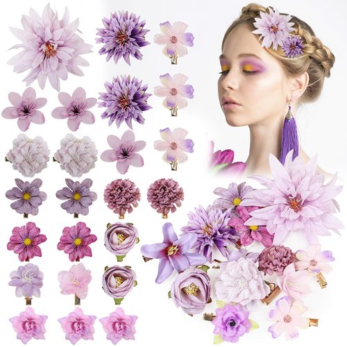 LACGO 24 PCS Flower Hair Clips - Rose Hair Pins Floral Brooches Bridal Headpieces for Women Girls Wedding Christmas New Year Birthday Boho Parties Halloween Anniversary(Purple)