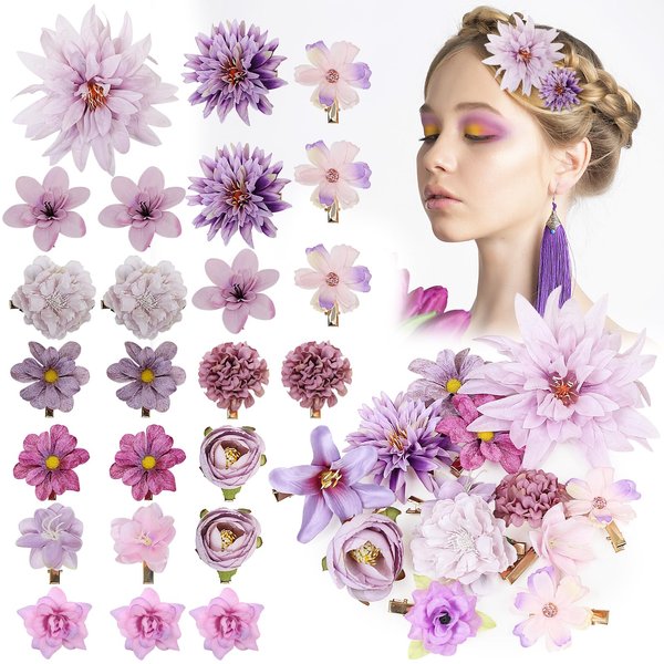 LACGO 24 PCS Flower Hair Clips - Rose Hair Pins Floral Brooches Bridal Headpieces for Women Girls Wedding Christmas New Year Birthday Boho Parties Halloween Anniversary(Purple)