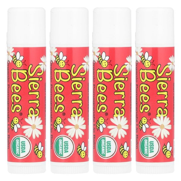 Organic Lip Balm by Sierra Bees - Moisturizing Balm for Chapped Lips - Featuring Sustainably Sourced Beeswax, Olive Oil, Sunflower Oil, & Vitamin E - Cruelty Free, Non-GMO - 4 Pack - Pomegranate