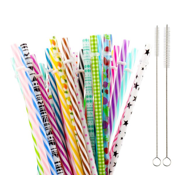 SUBANG 50 Pack Reusable Straws, BPA-Free, 9" Colorful Hard Plastic Stripe Drinking Straw for Mason Jar Tumbler, Family or Party Use with Cleaning Brush