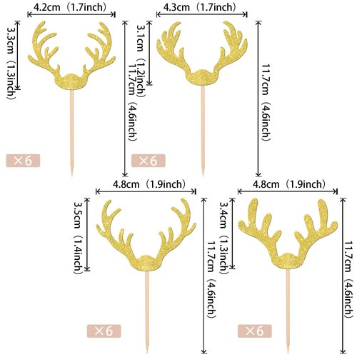 24 PCS Christmas Deer Antler Cupcake Toppers Glitter Merry Christmas Deer Cupcake Picks Wedding Hunting Rustic Birthday Cake Decorations for Baby Shower Birthday Christmas Party Supplies Gold