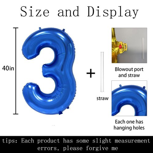 40 inch Big Size Number 3 Foil Helium Balloons Birthday Party Celebration Decoration, Digital Decorations Supplies, Wedding Anniversary Inch Decoration Kids(Dark Blue,Number 3)