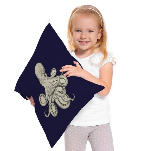Moslion Octopus Pillow Case,Cute White Giant Octopus on Dark Blue Background Throw Pillow Case 18" x 18" Inch Cotton Linen Cushion Cover for Men Women Navy Blue White