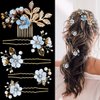 5PCS Bridal Flower Wedding Hair Pins Blue Pearl Hair Pins Rhinestone Hair Clips Gold Leaf Flower Headpiece Jewelry Hair Pins Vintage Wedding Hair Accessories for Brides Bridesmaids Women Girls Updo
