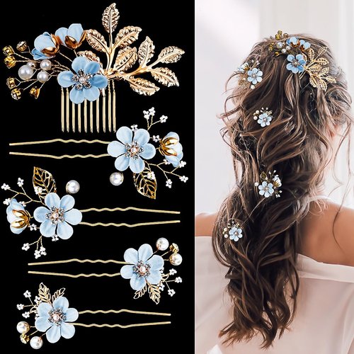 5PCS Bridal Flower Wedding Hair Pins Blue Pearl Hair Pins Rhinestone Hair Clips Gold Leaf Flower Headpiece Jewelry Hair Pins Vintage Wedding Hair Accessories for Brides Bridesmaids Women Girls Updo