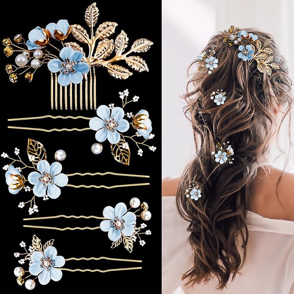5PCS Bridal Flower Wedding Hair Pins Blue Pearl Hair Pins Rhinestone Hair Clips Gold Leaf Flower Headpiece Jewelry Hair Pins Vintage Wedding Hair Accessories for Brides Bridesmaids Women Girls Updo