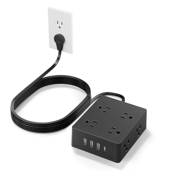 Surge Protector Power Strip 10 ft Cord, Olcorife Ultra Thin Flat Plug Extension Cord, 8 Outlets 4 USB Ports(1 USB C), Flat Wall Plug Outlet Extender, College Dorm Room Essentials, Black