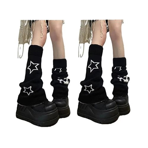 heyheyshine Y2k Star Skull Print Two Side Wear Knitted Leg Warmers Socks Punk Girls Japanese Kawaii Streetwear Leg Cover