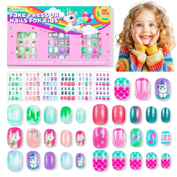 144 Pieces 6 Pack Kids Press on Nails Artificial Fake Nails for Kids Girls Pre Glue Full Cover Short Acrylic False Nail Tips Art Kits Gifts for Kids Girls Nail Art Decoration
