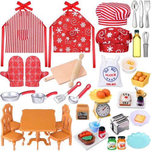 Leitee 45 Pcs Christmas Elf Accessories Mini Elf Props Baker Outfit Set Elf Doll Cooking Accessories for Elf Dollhouse Xmas Elf Clothes and Accessories Gift for Kids
