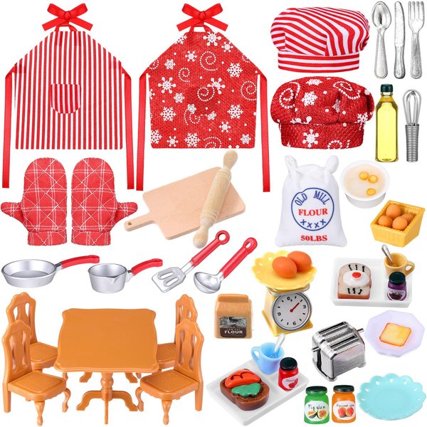 Leitee 45 Pcs Christmas Elf Accessories Mini Elf Props Baker Outfit Set Elf Doll Cooking Accessories for Elf Dollhouse Xmas Elf Clothes and Accessories Gift for Kids