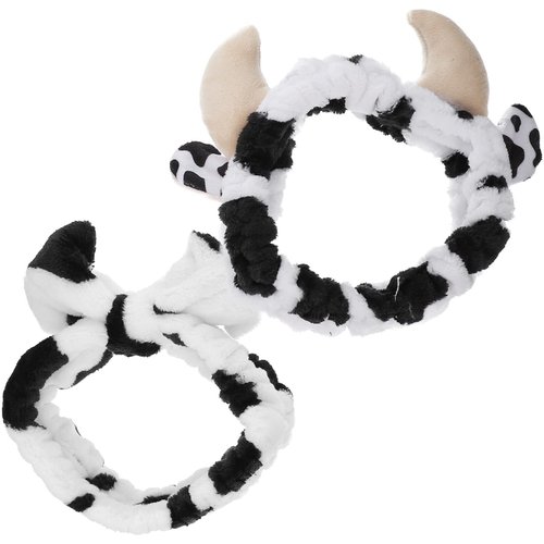 LALAFINA 2Pcs Cow Headbands for Washing Face Plush Headbands Cow Print Spa Headband Face Wash Hair Band for Kids Girls Women Winter Keep Warm