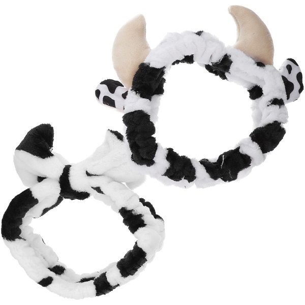 LALAFINA 2Pcs Cow Headbands for Washing Face Plush Headbands Cow Print Spa Headband Face Wash Hair Band for Kids Girls Women Winter Keep Warm