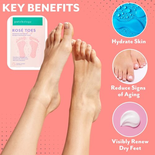 Patchology Rosé Toes - Moisturizing Shea Butter Foot Mask with Strawberry Scent, Foot Booties for Dry Cracked Feet, Disposable Home Spa Socks with Resveratrol, Soothing Foot Care (1 Pair)