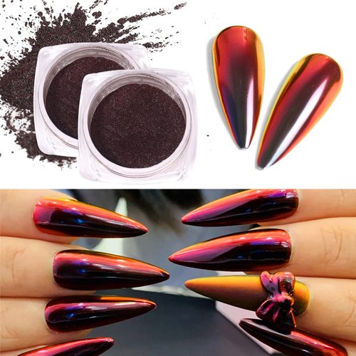 2 Boxes Red Chrome Nail Powder, Red Black Gradient Mirror Effect Aurora Magic Pearlescent Nail Powder Pigment, High Gloss Glitter Nail Art, Holographic Chameleon Dust for Manicure Decoration