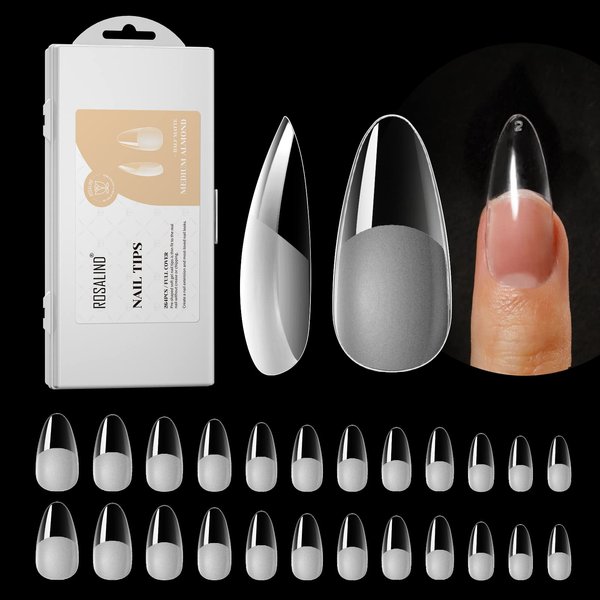264PCS Half Matte Almond Fake Nail Tips, ROSALIND Clear Full Cover Medium False Nails Shape Soft Almond Gel Nail Tips12 Sizes Kit Almond Nail Tips Acrylic Press on Nails (One-Sided No File)