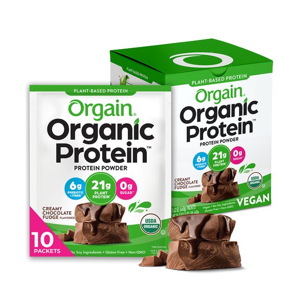 Orgain Organic Vegan Protein Powder, Chocolate Fudge - 21g Plant Based Protein, Gluten Free, Dairy Free, Lactose Free, Soy Free, No Sugar Added, Kosher, For Smoothies & Shakes - 10 Travel Packets