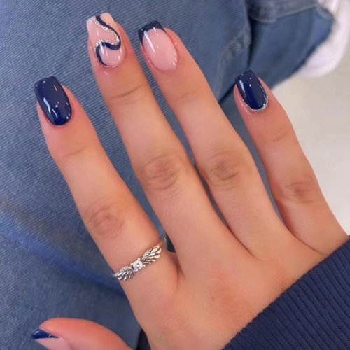 Dark Blue Press on Nails Short Fake Nails with Shiny Curve Designs French Tip Artificial Nails Simplicity Reusable Acrylic Nails False Nails Glossy Glue on Nails for Women Girls Gift