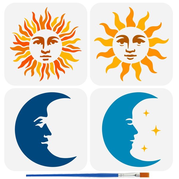 FINGERINSPIRE 4 PCS Sun Moon Stencils for Painting with Brush 5.9x5.9inch Reusable Sun Moon Face Template Hollowed Emoticon Stars Stencil Plastic Fantasy Theme Template for Floor Furniture Decoration