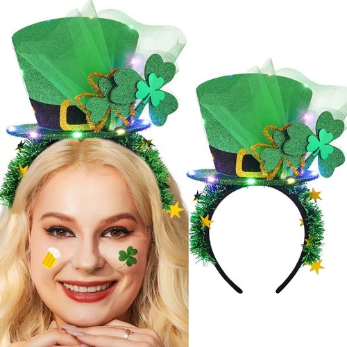 Kisshine Light Up St Patrick's Day Headband Green Hat Hair Band LED Shamrock Headpiece Irish Festival Costume Hair Accessories for Women and Girls