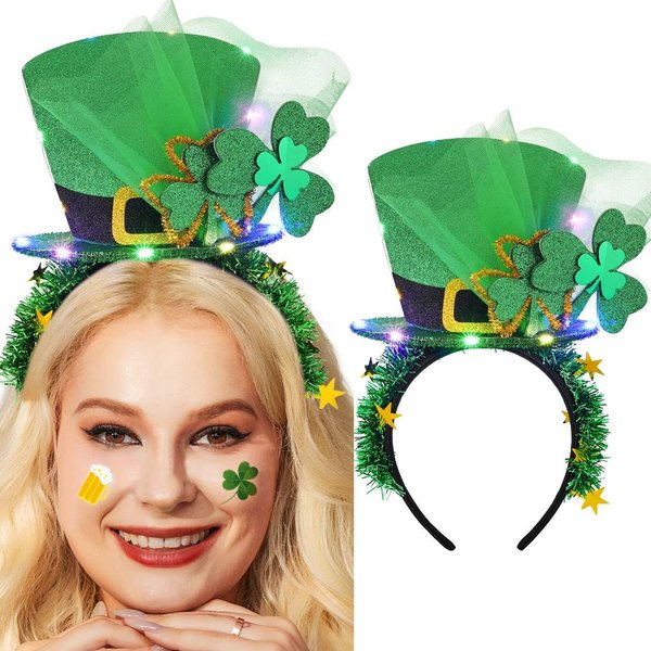 Kisshine Light Up St Patrick's Day Headband Green Hat Hair Band LED Shamrock Headpiece Irish Festival Costume Hair Accessories for Women and Girls