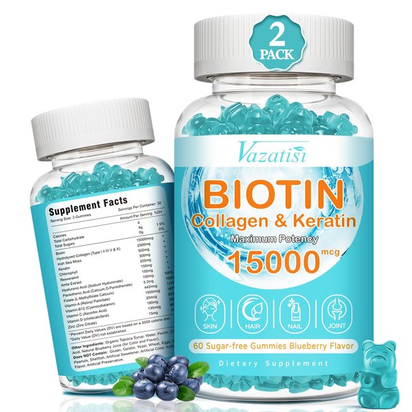 Hair Skin and Nails Gummies, 15000 mcg Biotin with Collagen Gummies, Vitamin C Zinc for Women Men Muscle Joint & Immunity - Blueberry Flavor, 2 Pack 120 Ct