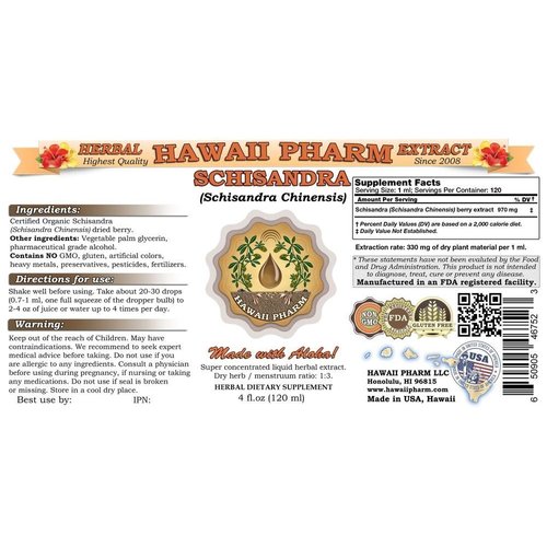 Hawaii Pharm Schisandra Liquid Extract, Organic Schisandra (Schisandra Chinensis) Tincture, Herbal Supplement, Made in USA, 4 fl.oz