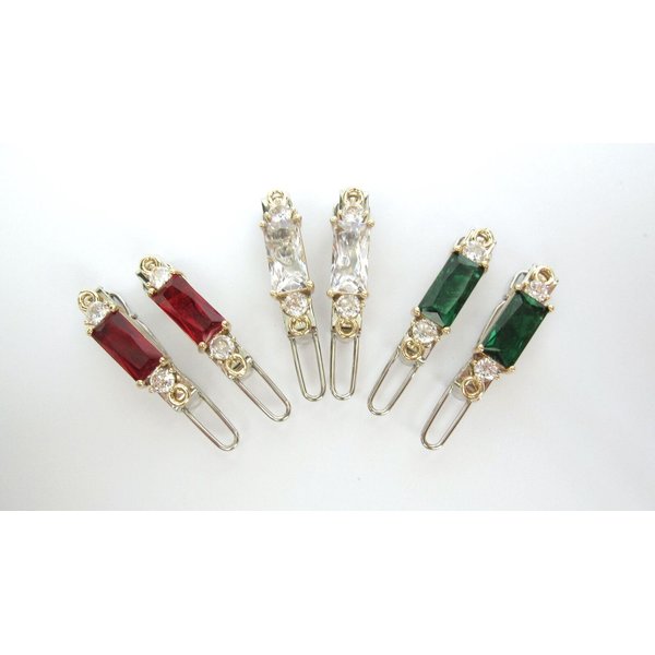Generic Two small tiny gold garnet red green clear crystal hair clip barrettes fine hair (Primary color: Green)