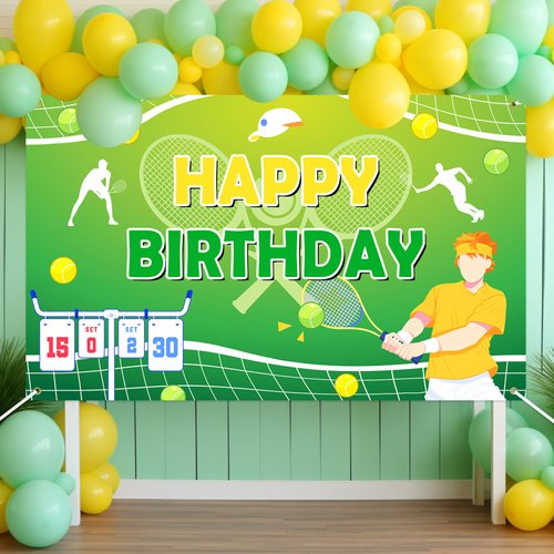 Avezano Tennis Happy Birthday Backdrop Banner Tennis Ball Happy Birthday Party Decorations for Teens Kids Sports Theme Tennis Lovers Birthday Party Supplies 70.8 x 43.3 Inch
