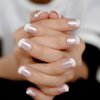 Pearl Shine Pink French Nail Press On Nails for Daily Wear White Round Fake Nails Short Glossy Satin Artificial Lady Fingernails with Adhesive Tabs