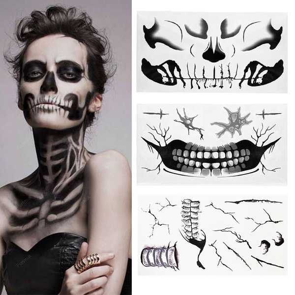 Fake Zombie Face Tattoos for Halloween Makeup Kit, Day of the Dead Skull Face Tattoos Halloween Costume Prank Temporary Tattoo for Women Mens