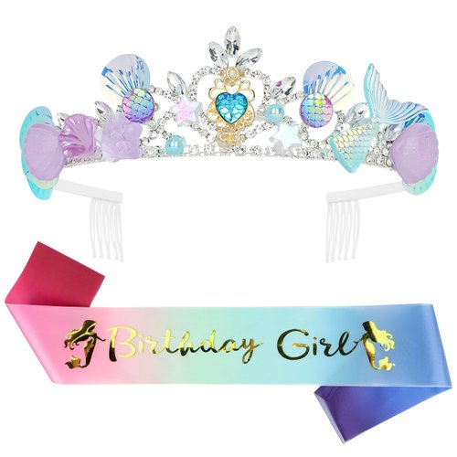 Araluky Mermaid Crown and Birthday Sash for Women Mermaid Birthday Decorations Mermaid Birthday Girl Sash Birthday Crown for Girls Mermaid Headband for Little Mermaid Party Decorations for Girls