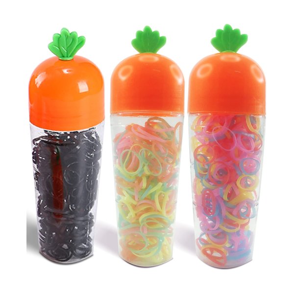 QIOKCKC 900 Tiny Rubber Bands, Fresh Color Mini Hair Ties, with 3 Carrot Shaped Boxes, Small Hair Elastics, Little Hair Ties for Hair
