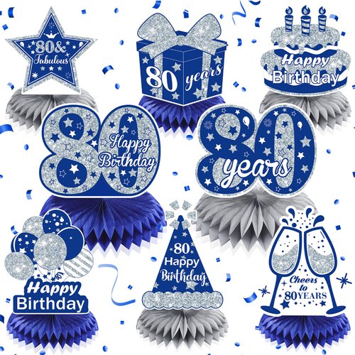 8Pcs Blue 80th Birthday Decorations Navy Blue Silver Happy 80th Birthday Table Honeycomb Centerpieces for Table Decor 80th Birthday Table Topper for Men Women 80th Birthday Anniversary Party Supplies